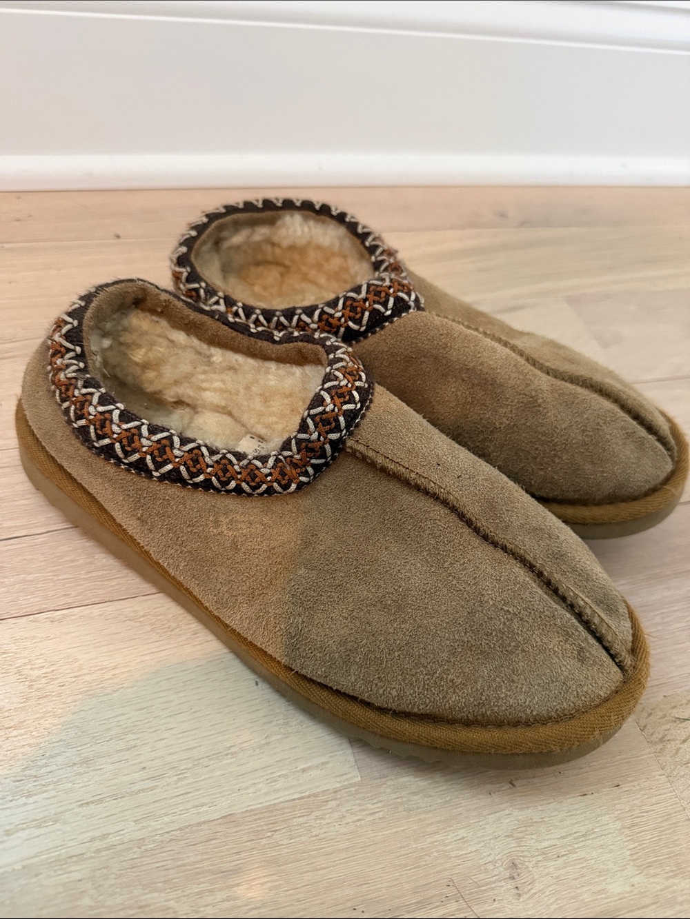 UGG Tan Suede Shearling-Lined Slip-On Clogs